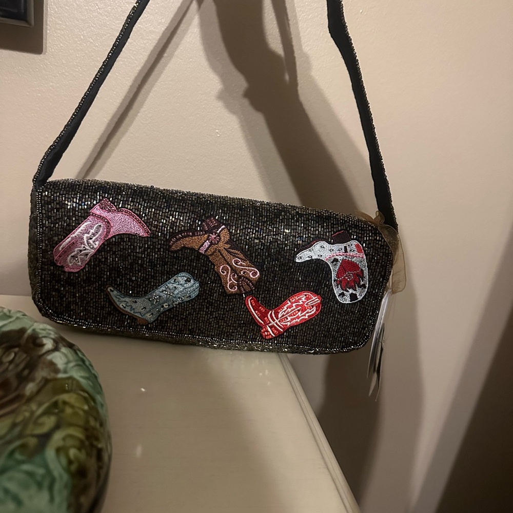 Black Beaded Women's Bag with Colorful Boot Designs